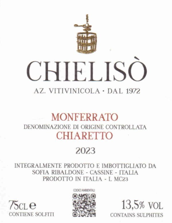 Front label of the Chieliso Monferrato Chiaretto DOC 2023 wine bottle.