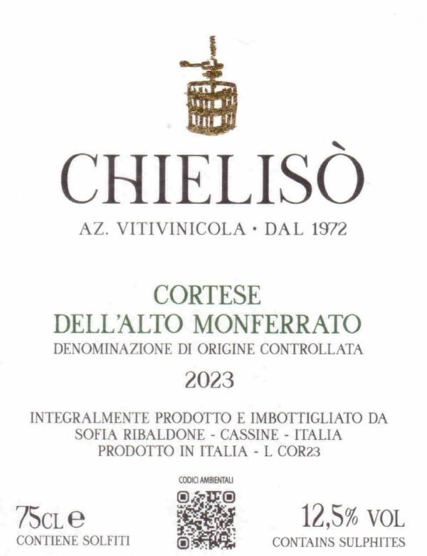 Front label of the Chieliso Cortese dell'Alto Monferrato DOC 2023 wine bottle.