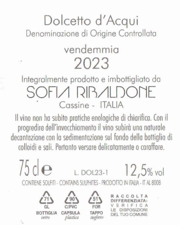 Back label of the Chieliso Dolcetto d'Acqui DOC 2023 bottle.